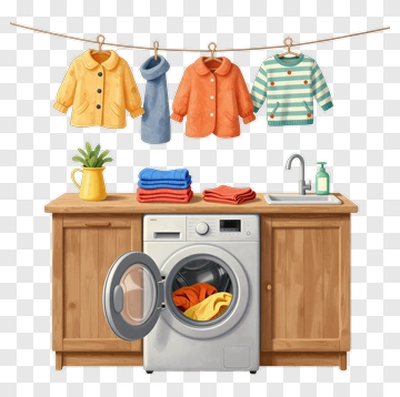 Washing Machine With Laundry And Hanging Clothes PNG