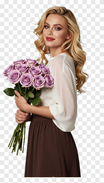 Woman Holding A Bouquet Of Lavender Roses PNG