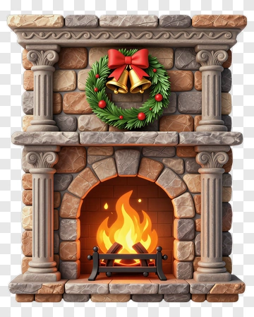 Christmas Fireplace With Wreath And Bells PNG
