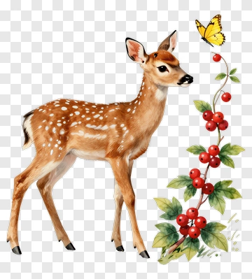 Fawn Standing Beside A Flowering Vine And Butterfly PNG