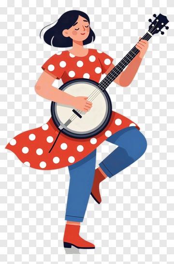 Woman Playing Banjo In A Polka Dot Dress PNG