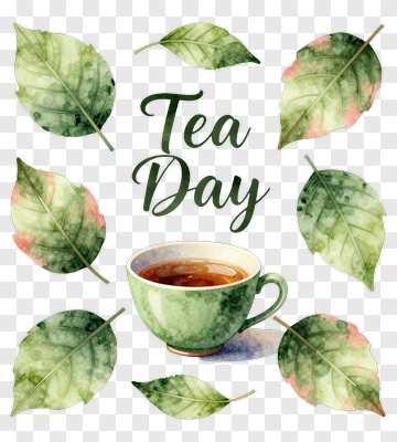 Tea Day With Green Cup And Leaves PNG