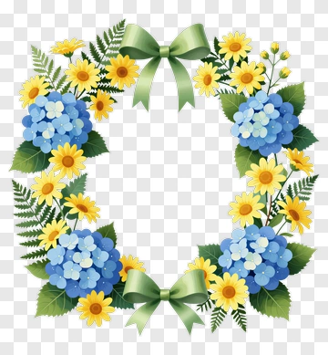 Floral Wreath With Blue Hydrangeas And Yellow Daisies PNG