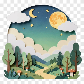 Colorful Paper Cut Landscape With Trees And Moon PNG