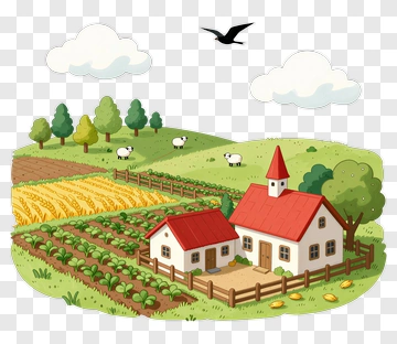 Cartoon Farm Landscape With House And Fields PNG