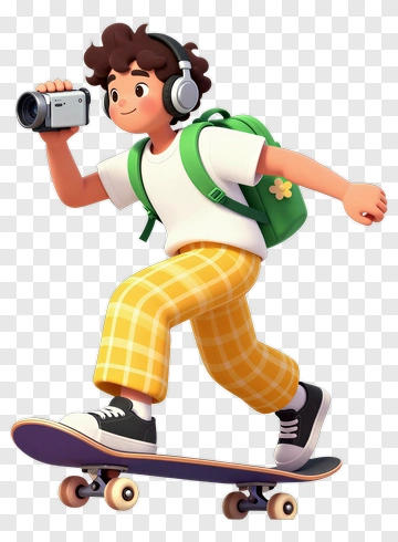 Cartoon Boy Skateboarding With A Camera PNG