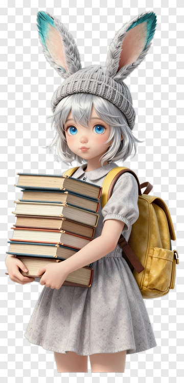 Girl With Bunny Ears Holding Books PNG