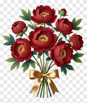 Bouquet Of Red Peonies With Green Leaves PNG