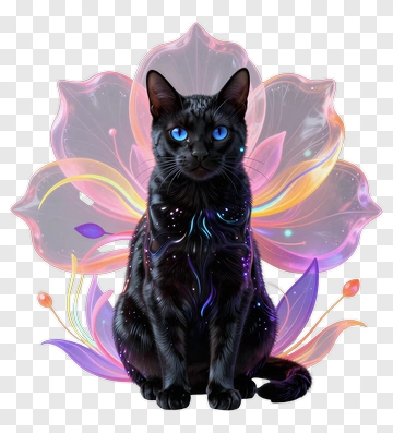 Black Cat Sitting In Front Of A Colorful Flower PNG