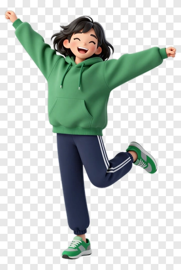 Cartoon Girl Jumping In A Green Hoodie PNG