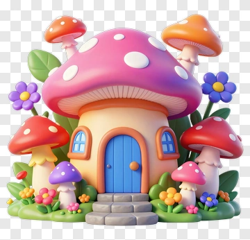Colorful Mushroom House With Flowers PNG