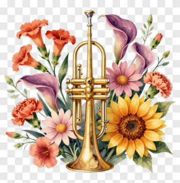 Trumpet Surrounded By Colorful Flowers PNG