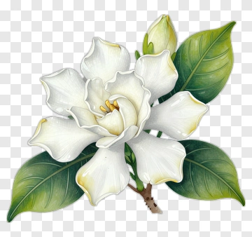 White Gardenia Flower With Green Leaves PNG