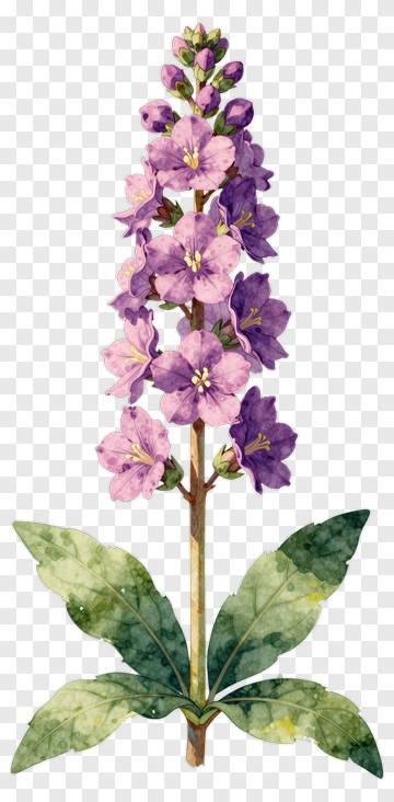 Watercolor Purple Flower With Green Leaves PNG