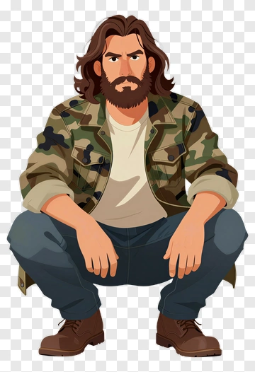 Cartoon Man Squatting In Camouflage Jacket PNG