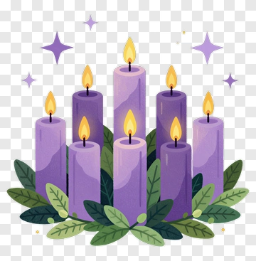 Purple Candles Surrounded By Green Leaves PNG