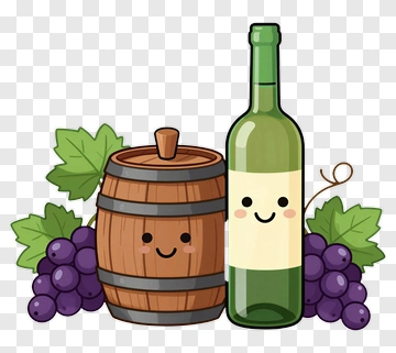 Cartoon Wine Bottle And Barrel With Grapes PNG