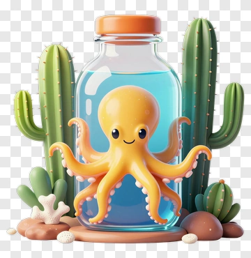 Cartoon Octopus In A Jar With Cacti PNG