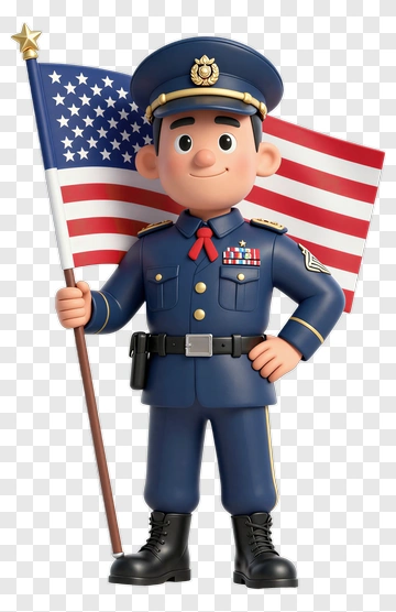 Cartoon Police Officer Holding An American Flag PNG