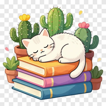 Cartoon Cat Sleeping On A Stack Of Books PNG