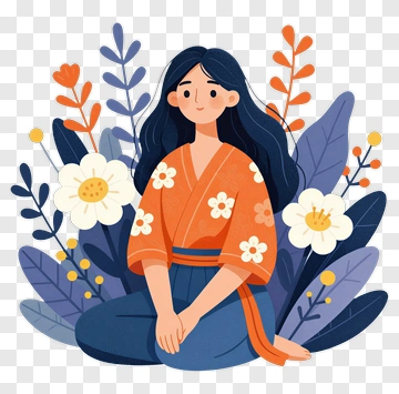 Woman Sitting Among Flowers PNG