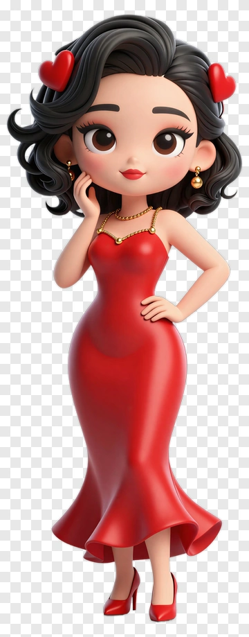 Cartoon Woman In A Red Dress With Hearts PNG