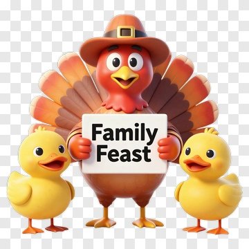 Cartoon Turkey Holding A Family Feast Sign PNG