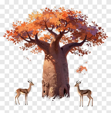 Autumn Tree With Two Deer PNG