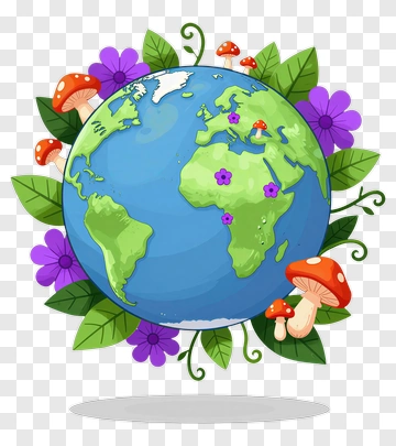 Colorful Earth Surrounded By Flowers And Mushrooms PNG
