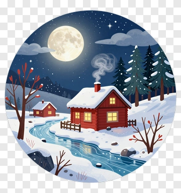 Winter Cabin By The River Under A Full Moon PNG