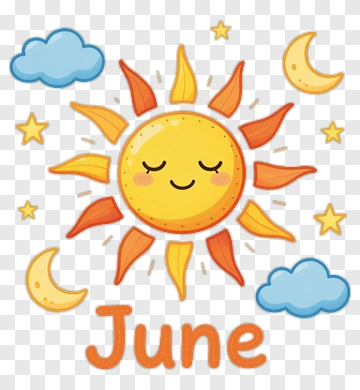 Cartoon Sun With Clouds And June Text PNG
