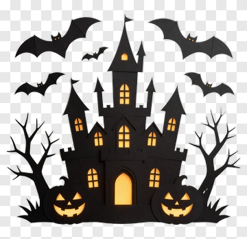 Halloween Castle With Pumpkins And Bats PNG
