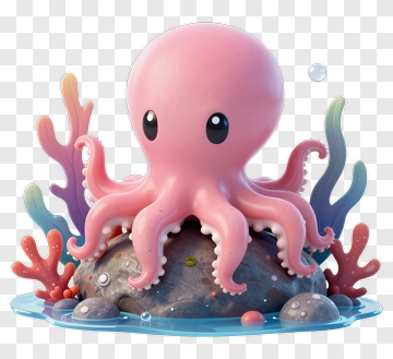 Cute Cartoon Octopus On A Rock With Coral PNG
