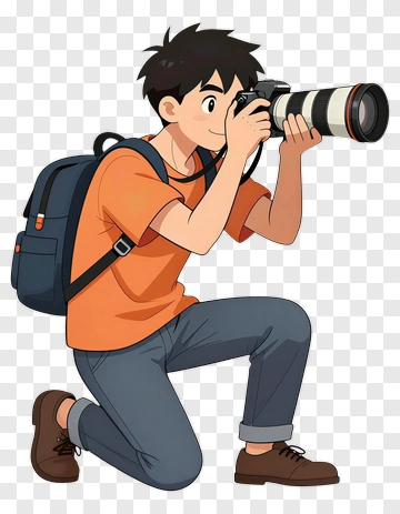 Cartoon Photographer Kneeling With A Camera PNG