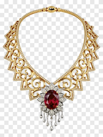 Gold Necklace With Red Gemstone And Diamonds PNG