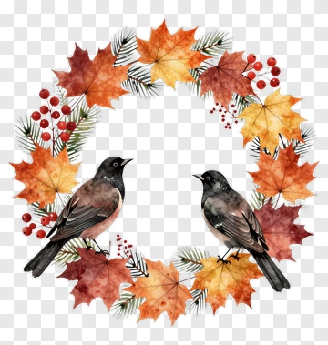 Autumn Wreath With Birds And Leaves PNG