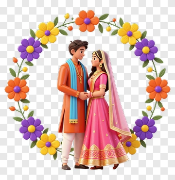 Couple In Traditional Attire Surrounded By Floral Wreath PNG