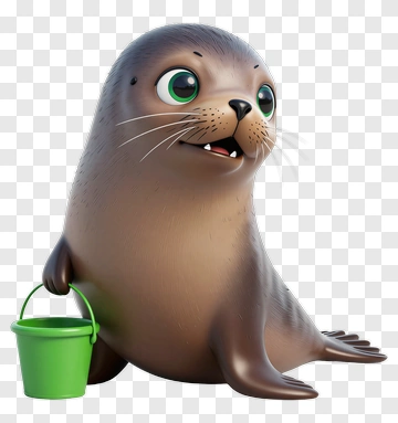 Cartoon Seal Holding A Green Bucket PNG