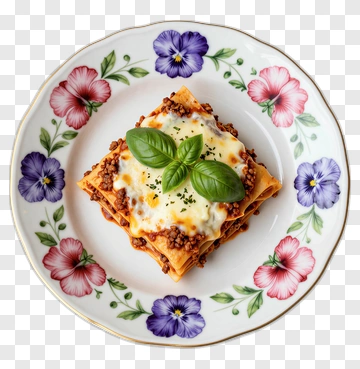 Delicious Lasagna On A Floral Plate PNG