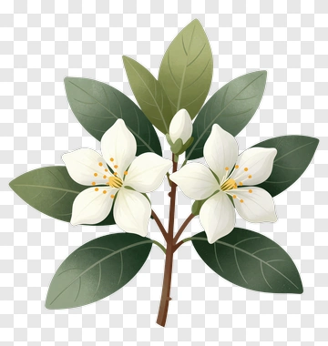 White Flowering Branch With Green Leaves PNG