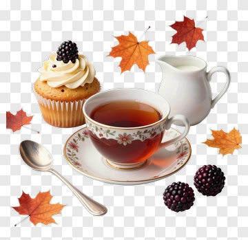 Cup Of Tea With Cupcake And Blackberries PNG