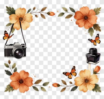 Floral Frame With Camera And Ink Bottle PNG