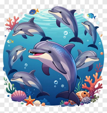 Cartoon Dolphins Swimming In A Colorful Underwater Scene PNG
