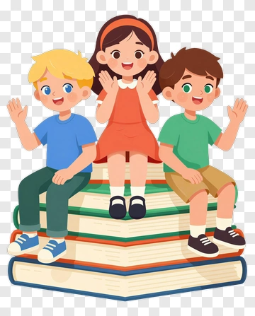 Happy Children Sitting On A Stack Of Books PNG