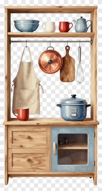 Kitchen Shelf With Cookware And Utensils PNG