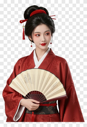 Woman Holding A Folding Fan In Traditional Red Kimono PNG