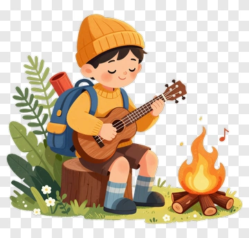 Boy Playing Guitar By A Campfire PNG