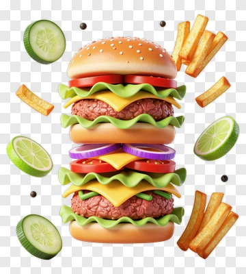 Delicious Hamburger With Fries And Fresh Ingredients PNG
