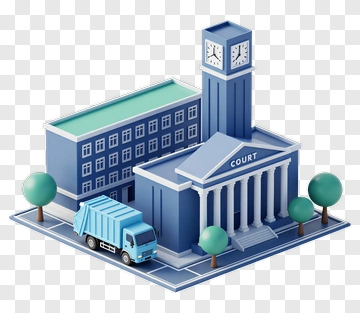 3D Court Building With Clock Tower And Garbage Truck PNG