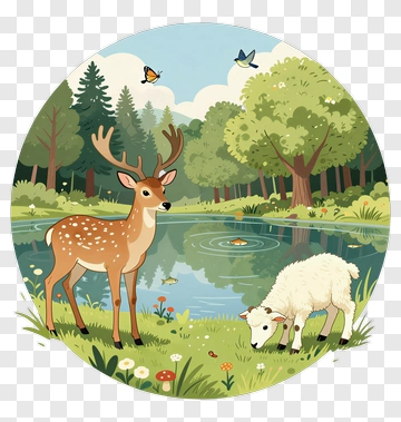 Deer And Sheep By A Calm Lake In A Forest PNG